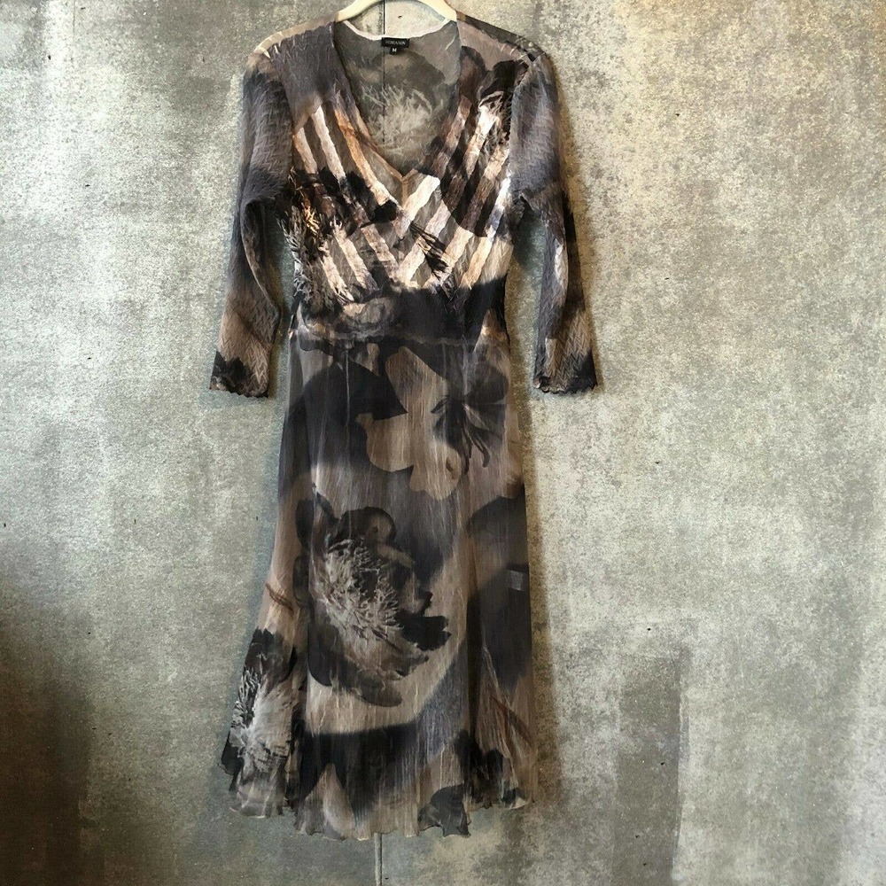 KOMAROV M Sheer Flared Dress 3/4 Sleeve Floral